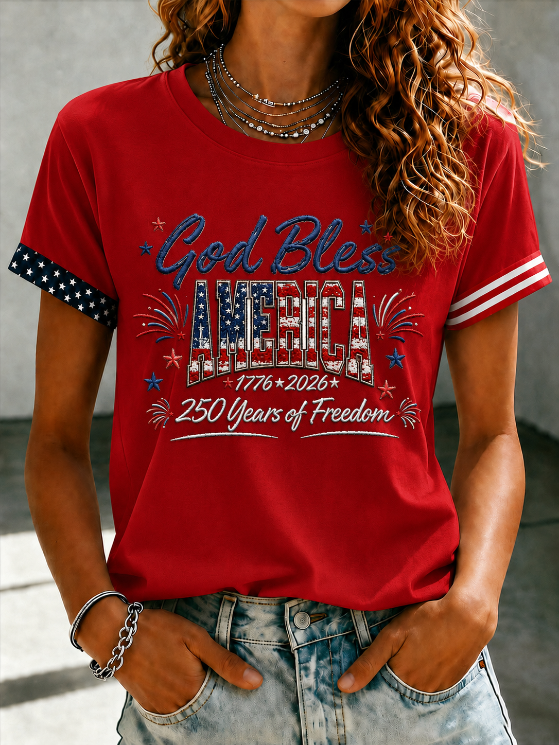 Women's God Blessing America American Flag Art Printed Round Neck T-shirt