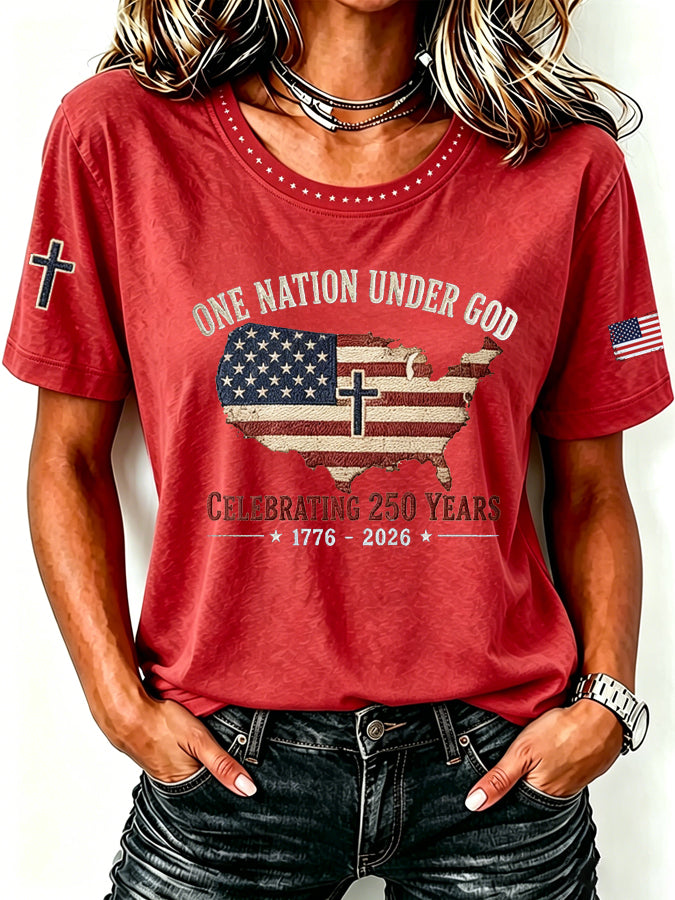 Women'S One Nation Under God Casual Patriotic Printed T-Shirt