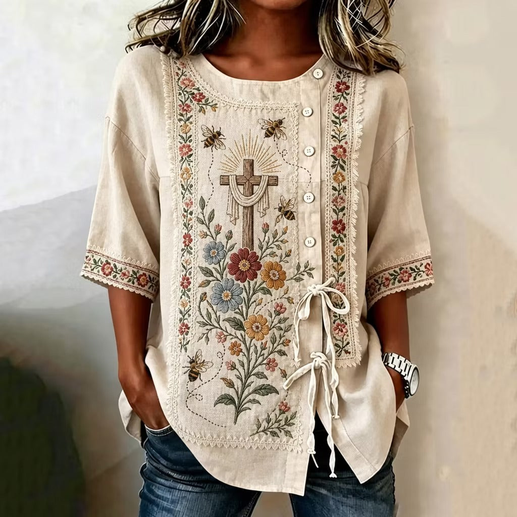 Women's Embroidered Cross Floral Cotton Linen T-shirt