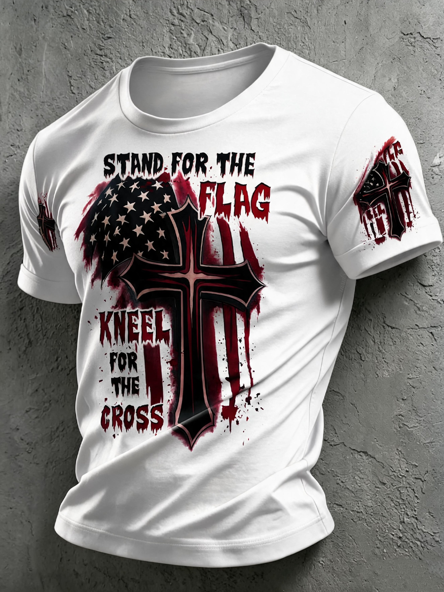 Men'S Stand For The Flag Kneel For The Cross Print T-Shirt