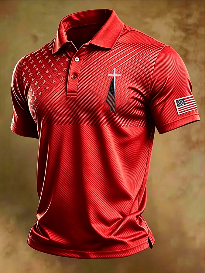 Men'S Retro National Flag And Cross Print Casual Polo Shirt
