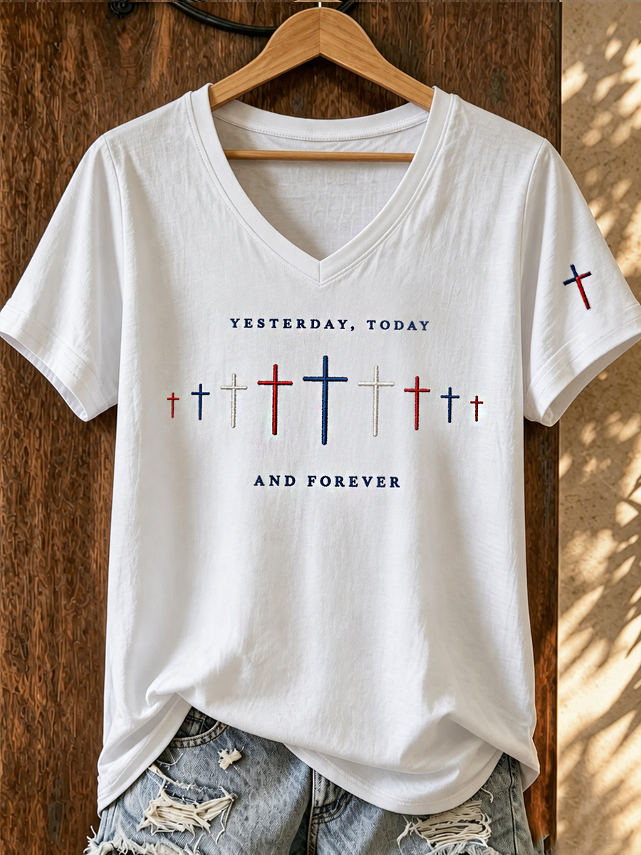 American Faith Jesus Cross Commemorative Print V-Neck T-Shirt
