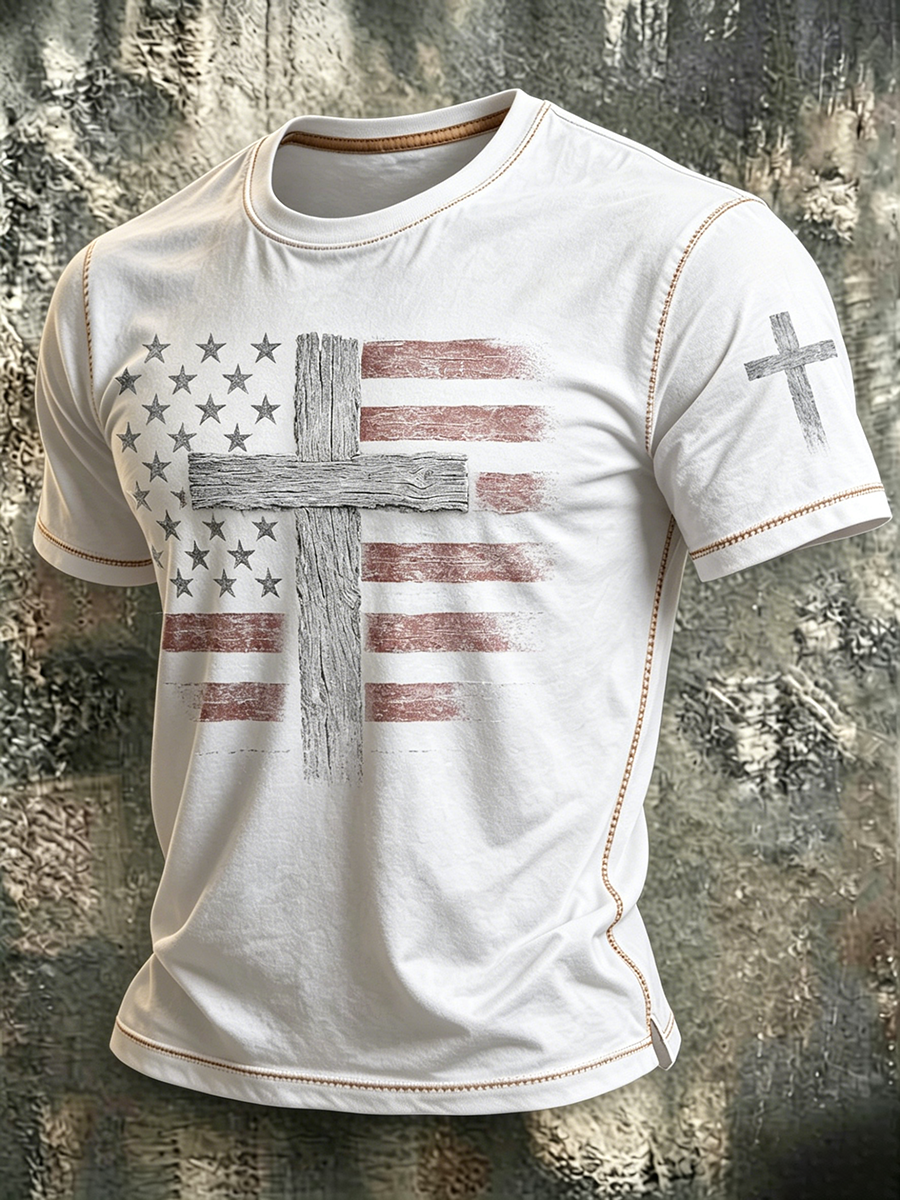 American Flag Faith Printed Round Neck T-shirt
