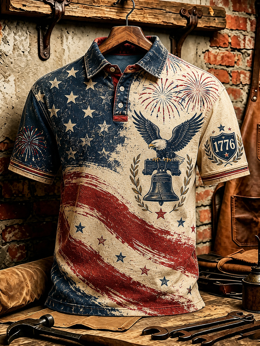 Men's Independence Day Patriot Eagle Embroidered Flag Sleeve Short Sleeve Polo Shirt