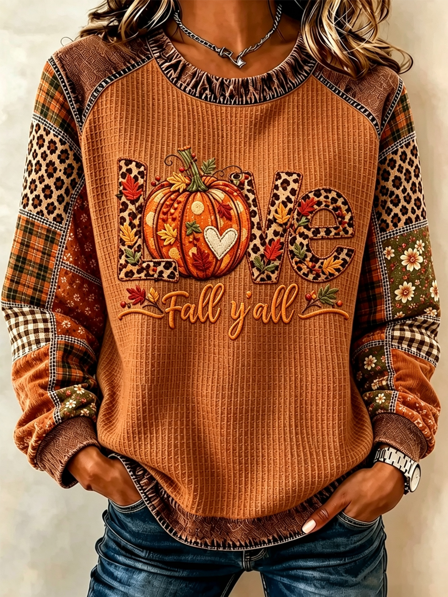 Women's Fall Pumpkin Plaid Raglan Waffle Top