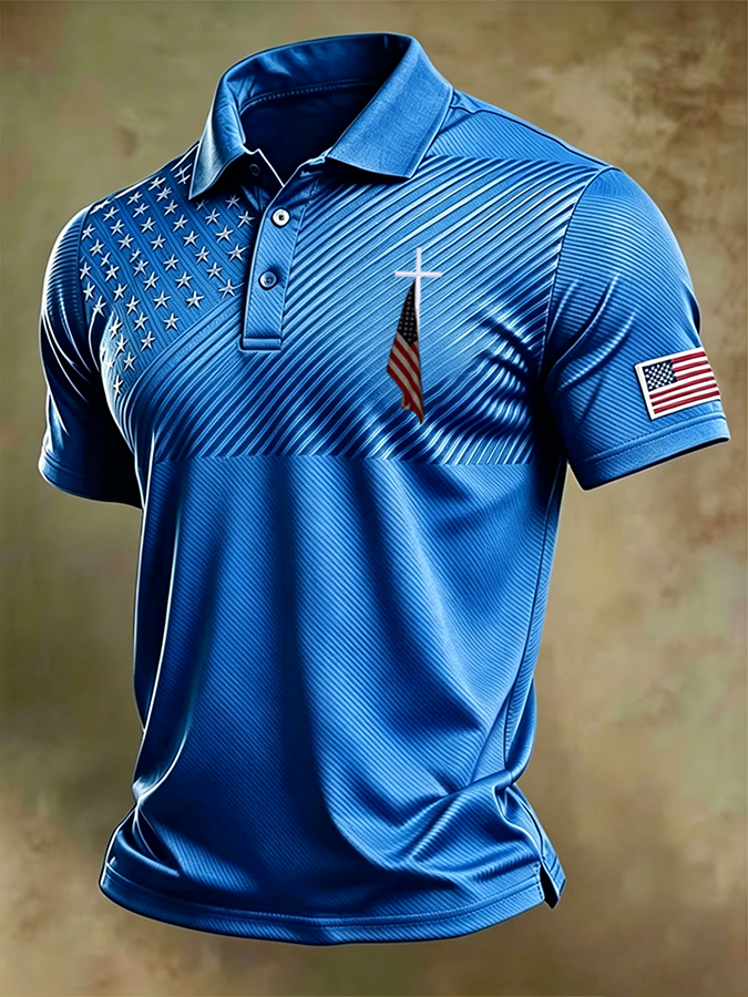 Men'S Retro National Flag And Cross Print Casual Polo Shirt