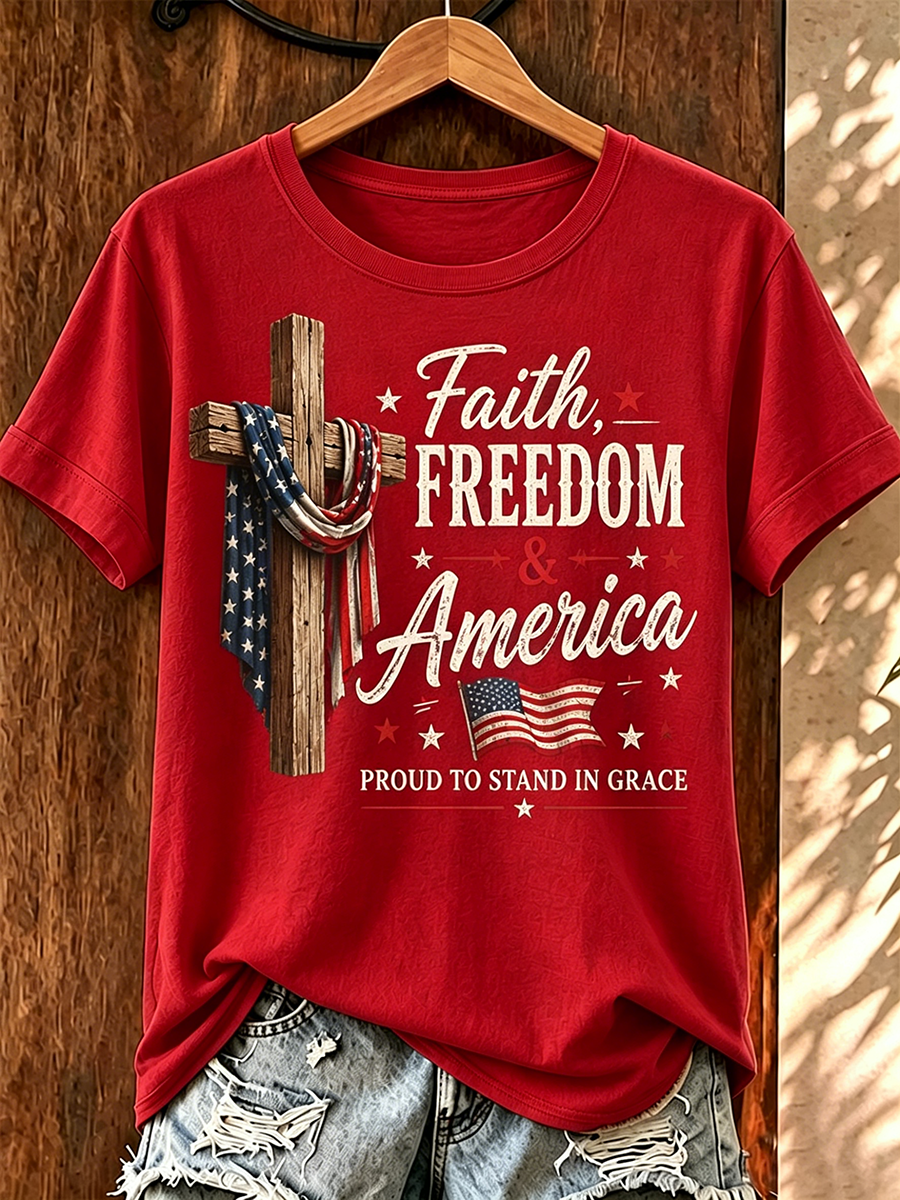 Women's Faith Freedom America Wooden Cross Vintage USA Flag Tee