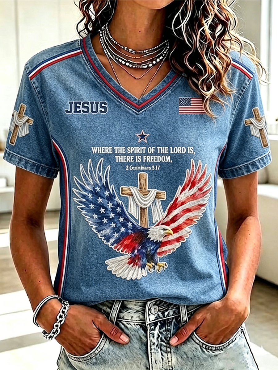 250Th Anniversary Faith Glitter Printed V-Neck Short Sleeved T-Shirt In The United States