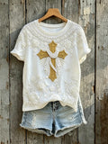 Women's Faith Art Floral Cross Print Short-Sleeved T-Shirt