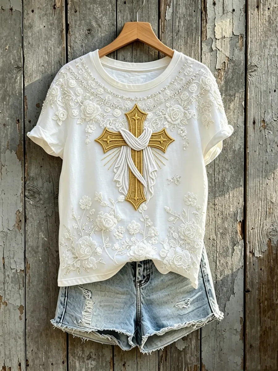 Women's Faith Art Floral Cross Print Short-Sleeved T-Shirt