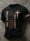 Men's Vintage One Nation Under God 1776 Distressed American Flag Cross Patriotic Short Sleeve T-Shirt