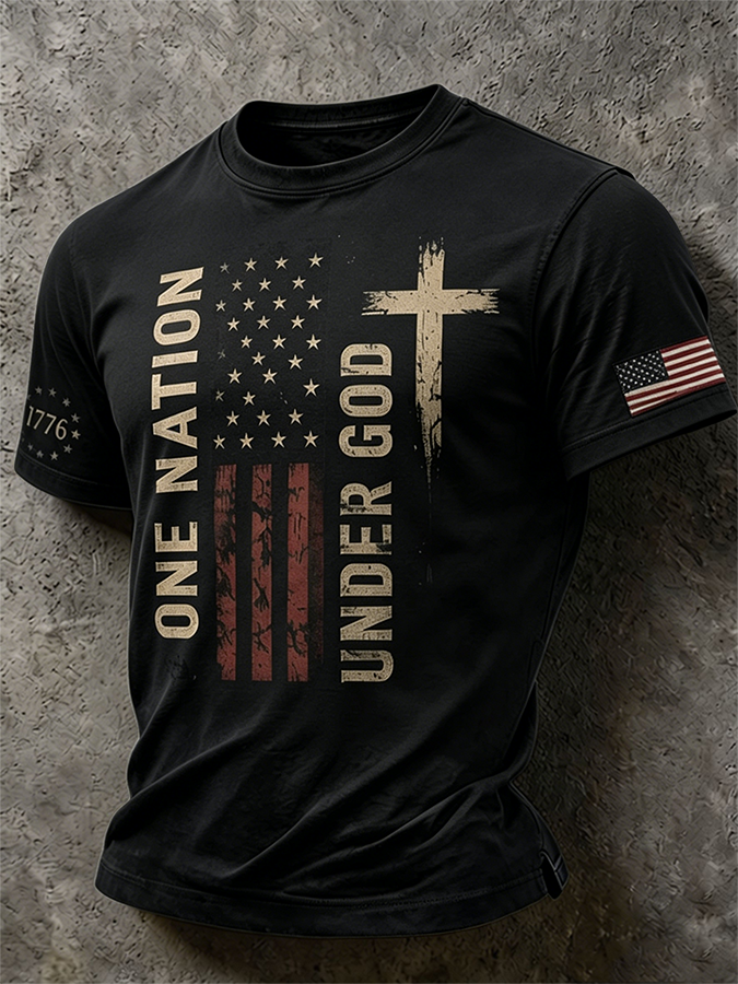 Men's Vintage One Nation Under God 1776 Distressed American Flag Cross Patriotic Short Sleeve T-Shirt