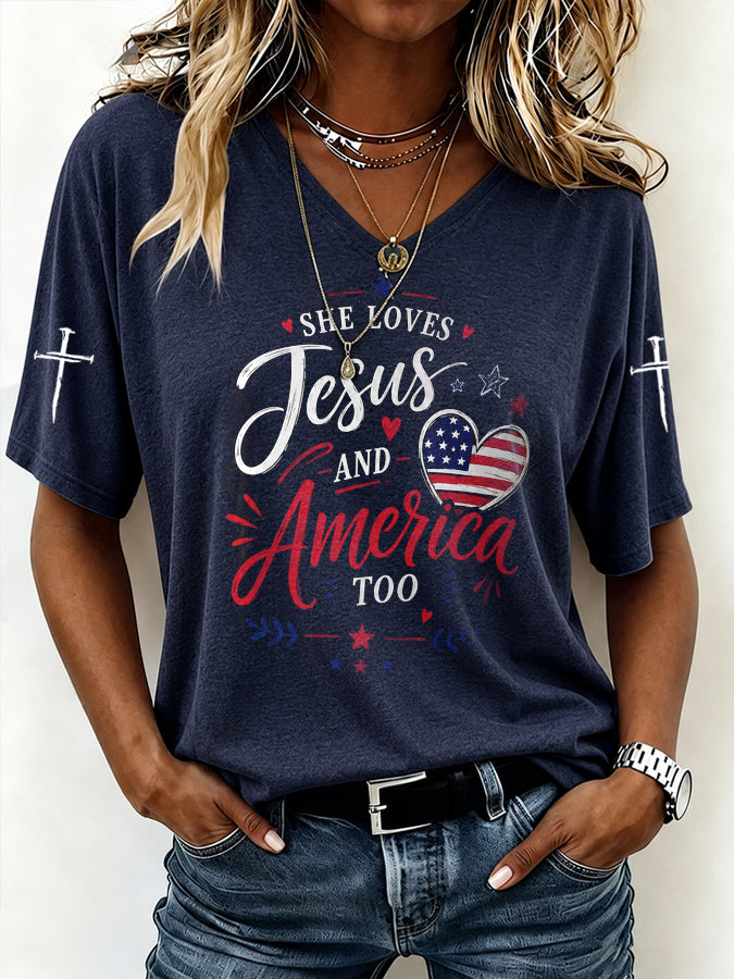 Women'sLove for Jesus and American Flag Faith Cross Print T-shirt