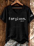 Women's Forgiven 1 John 1:9 Cross Background Jesus Sleeve Print Burgundy V Neck T-Shirt
