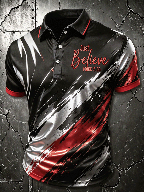 Men's Just Believe Mark 5:36 Red Black Brushstroke Embracery Polo
