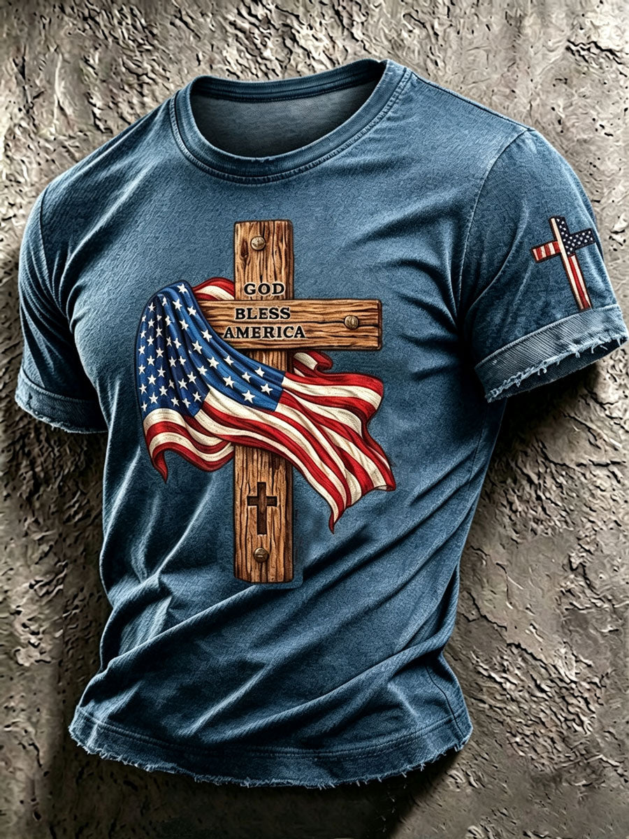 Men'S Retro American Flag Cross “GOD BLESS AMERICA ”Pattern Short Sleeve T-Shirt