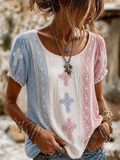 Women'S Linen Belief Patch, Embroidered Bubble Sleeve Top With Bohemian Embroidery