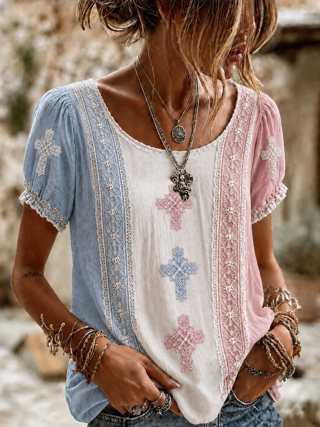 Women'S Linen Belief Patch, Embroidered Bubble Sleeve Top With Bohemian Embroidery