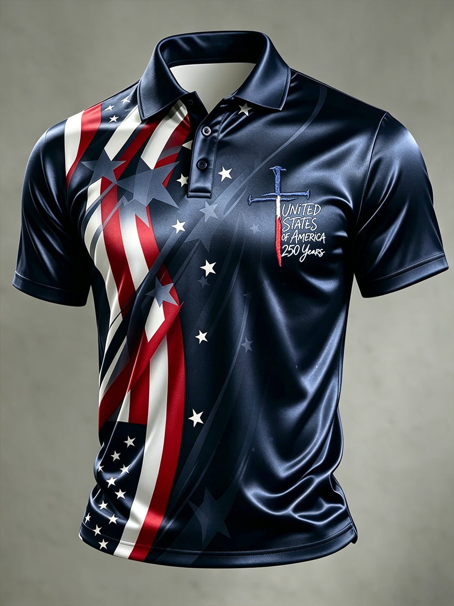 Men'S American Flag Print Casual Polo Shirt