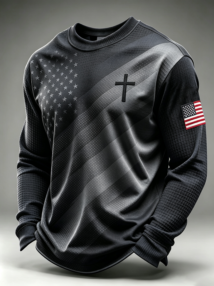 Faith Cross American Flag Printed Waffle Long Sleeve Top
