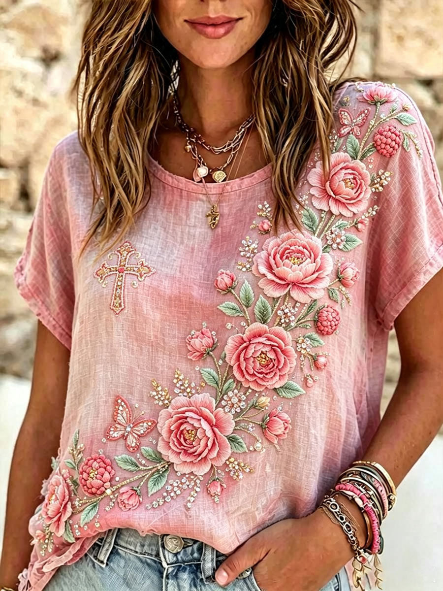 Ladies' Pink Flower Cotton And Hemp Cross Faith Cotton And Hemp Top