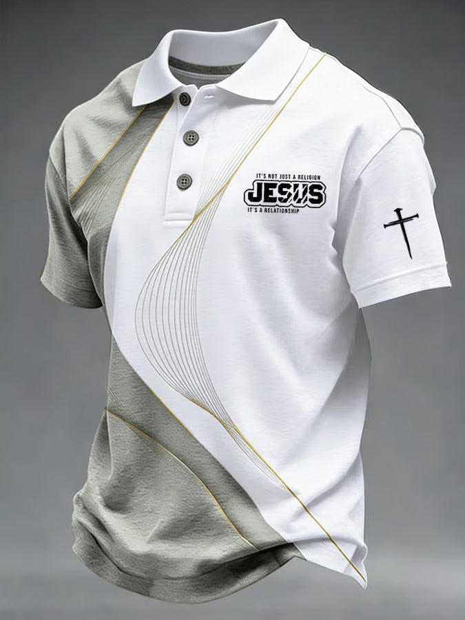 Men's Retro Faith Cross Print Casual Polo Shirt