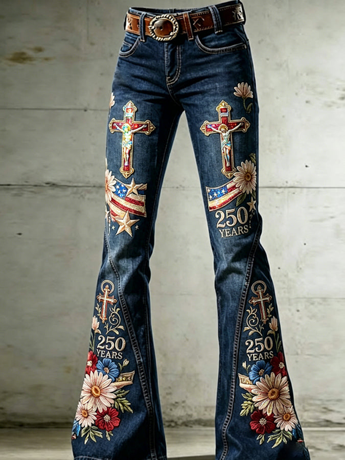 Women's Sparkling Religious Beliefs Diamond US Independence Day Flag Embroidered Jeans