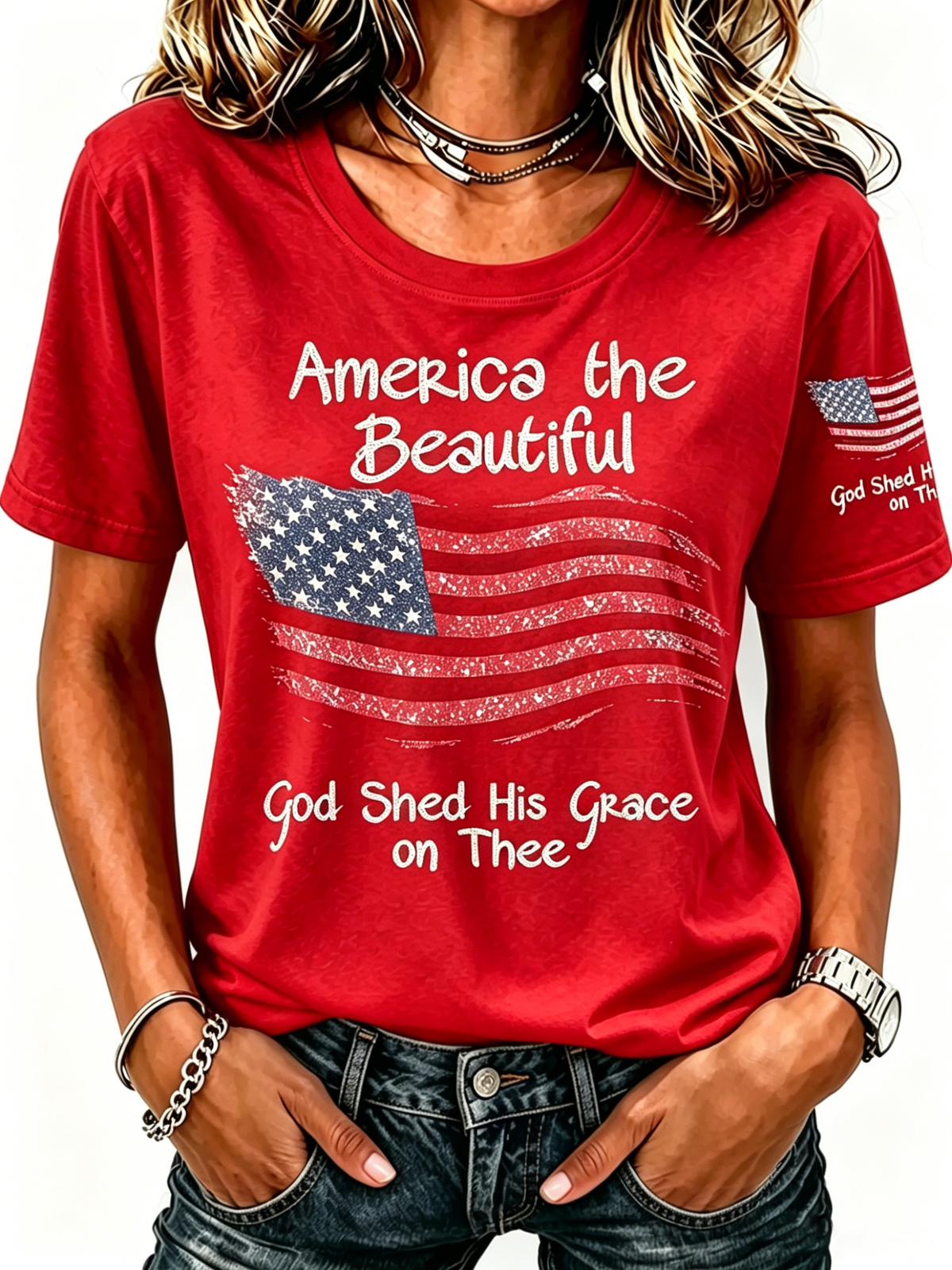 American Flag Faith Commemorative Printed Round Neck T-Shirt