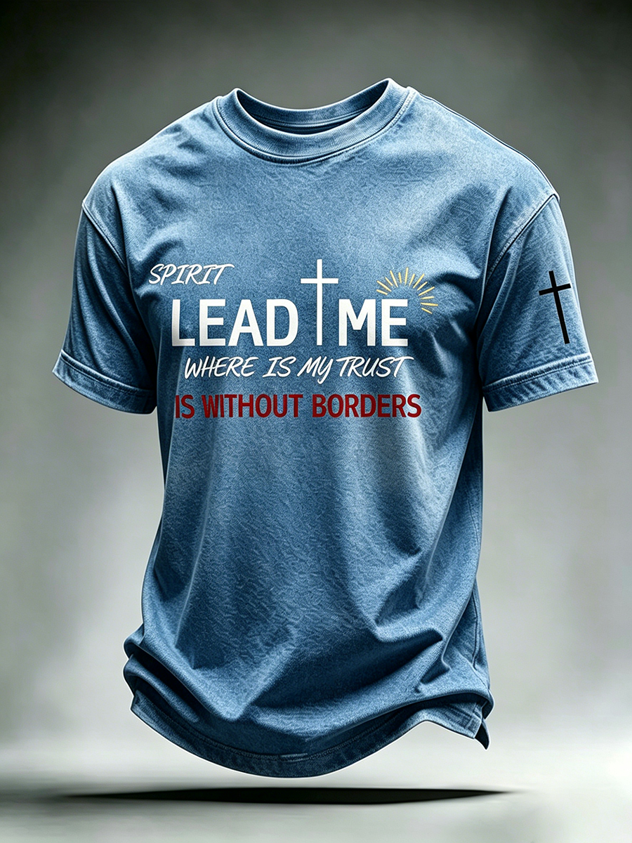 Faith Cross Slogan Commemorative Printed Round Neck T-Shirt