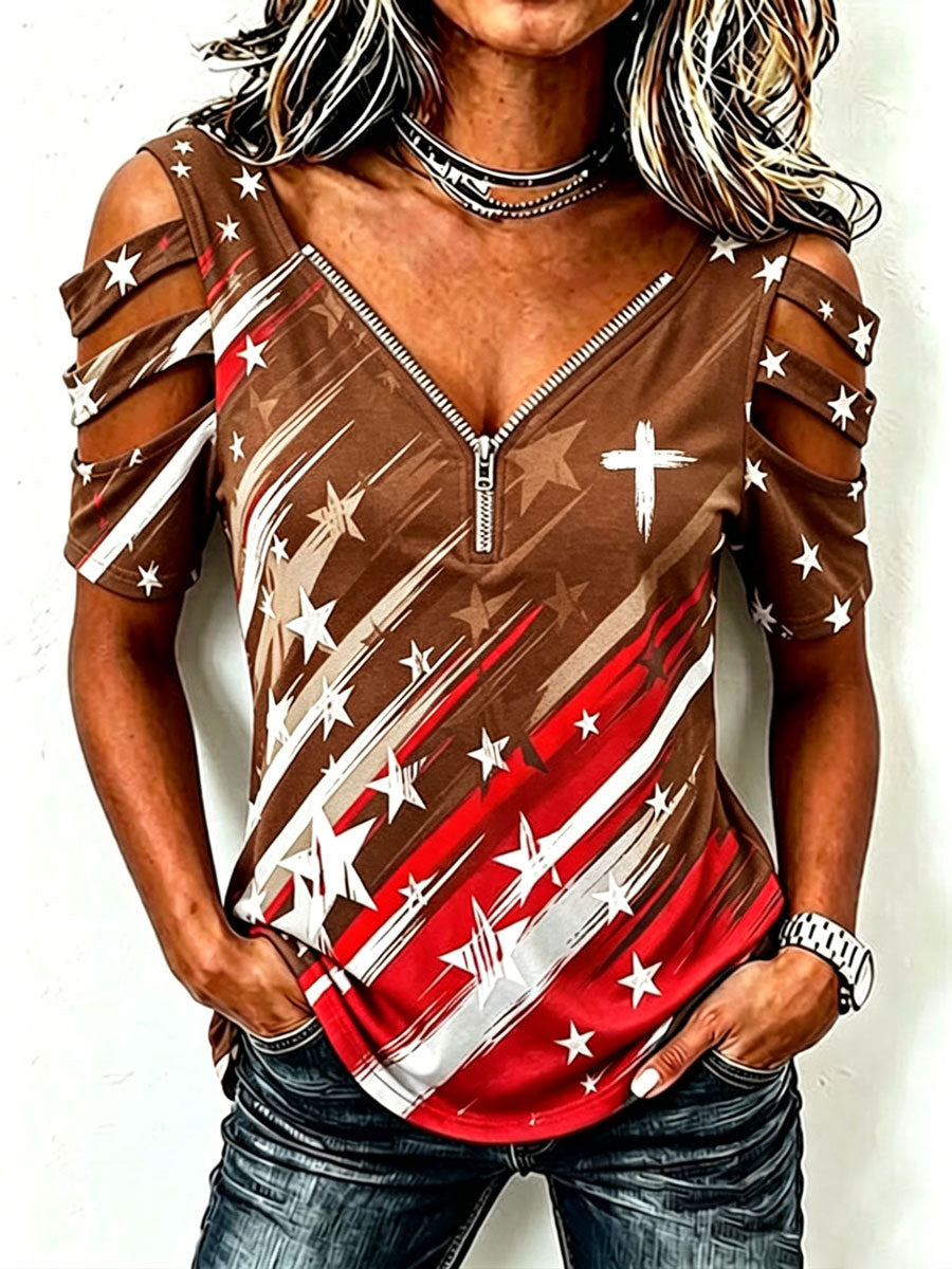 Female Casual Hollowed Out Patriotic T-Shirt