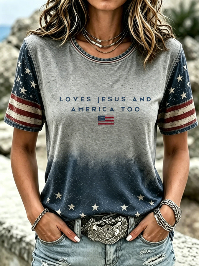 Women'S Loves Jesus And America Too1776-2026 American Flag T-Shirt