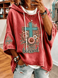 Women's Simply Blessed Floral Wooden Cross Hope Sleeve Print Short Sleeve Hooded Top