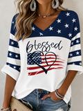 Women's America Flag Blessed Print V Neck Top