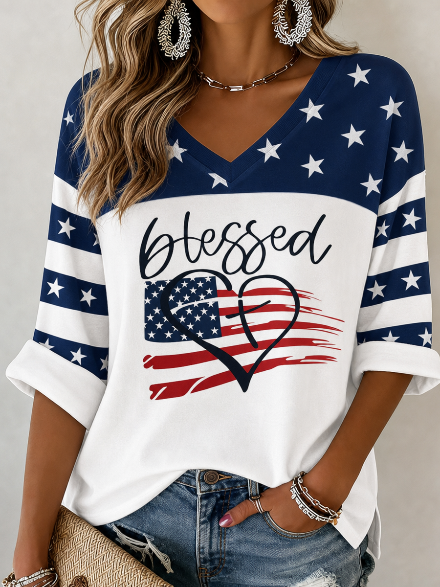 Women's America Flag Blessed Print V Neck Top