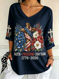 Women's God Family Country Flag Cross V Neck 3/4 Sleeve Casual Tee