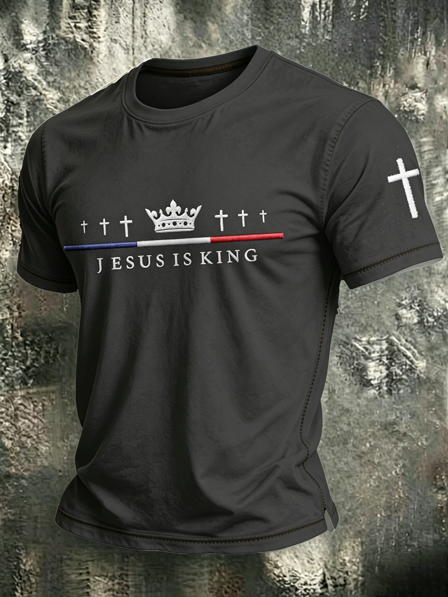 Faith Jesus Cross Embroidered Printed Casual Round Neck T-Shirt