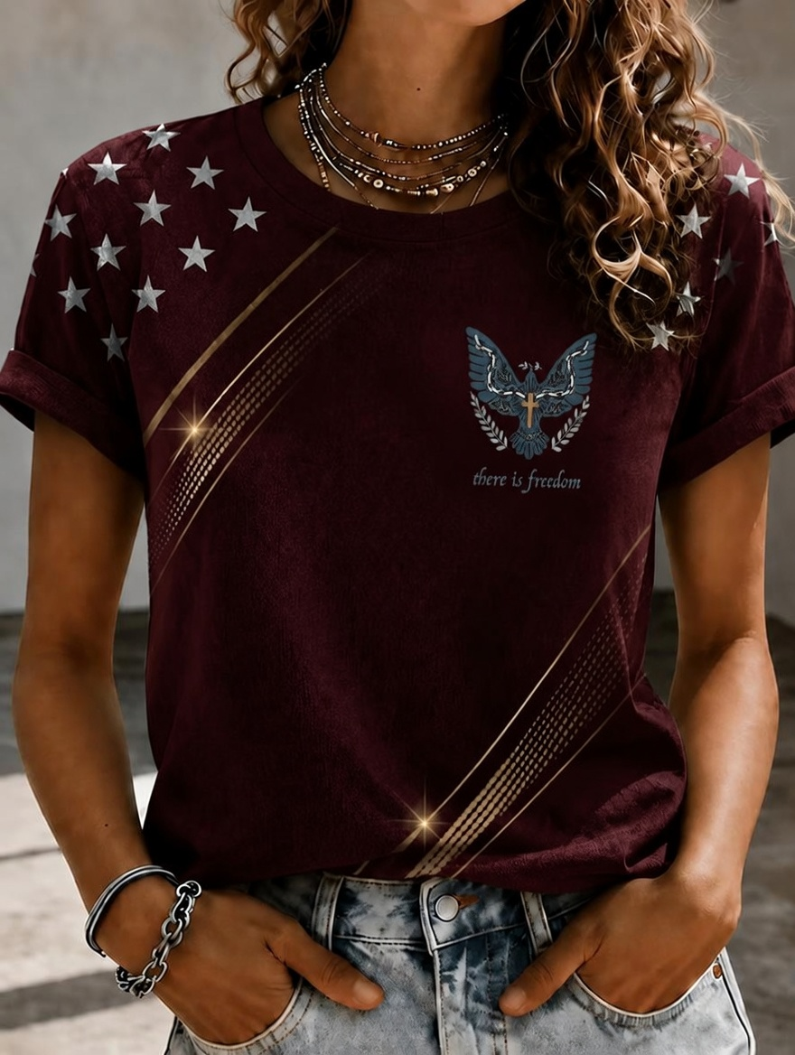 Women Star Shoulder Eagle Cross There Is Freedom Gold Line Print Short Sleeve Crew Neck T-Shirt