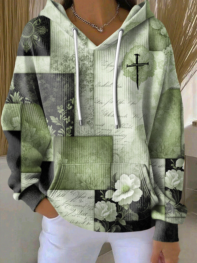 Jesus Cross Print Hooded Knitted Long Sleeved Sportswear