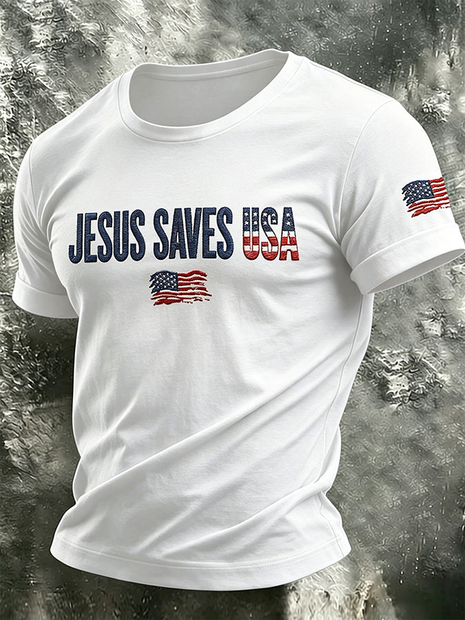 Men's Casual JESUS SAVES USA Embroidered T-Shirt