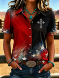 Women'S Retro Cross American Flag Printed Short Sleeved Shirt