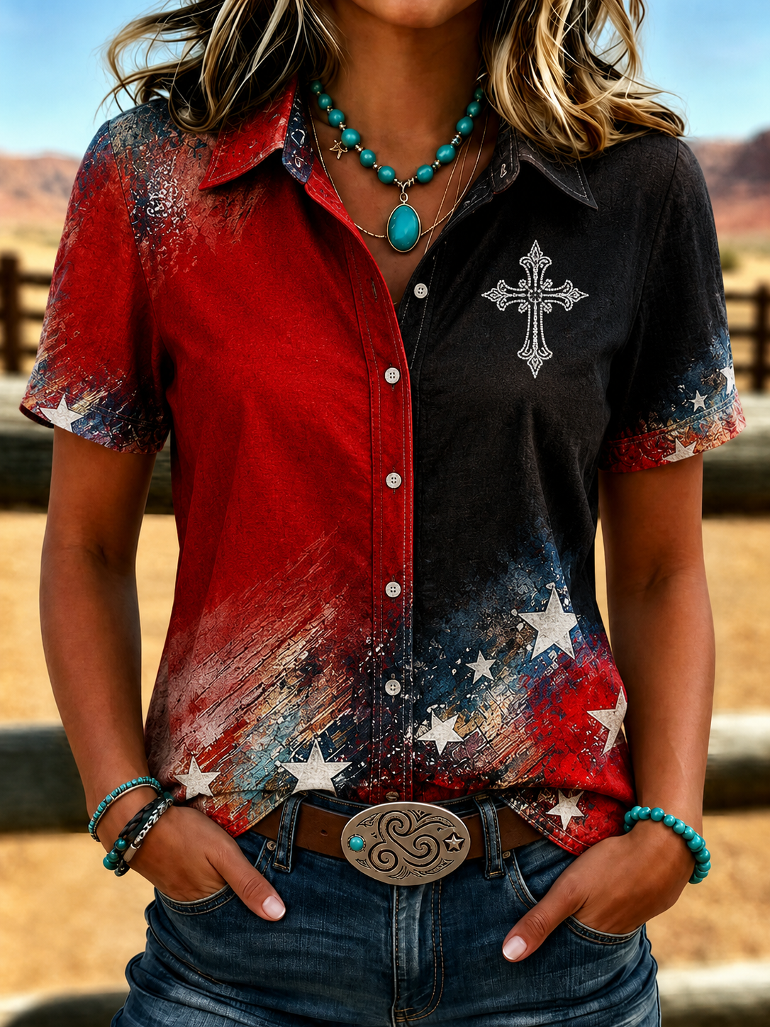 Women'S Retro Cross American Flag Printed Short Sleeved Shirt