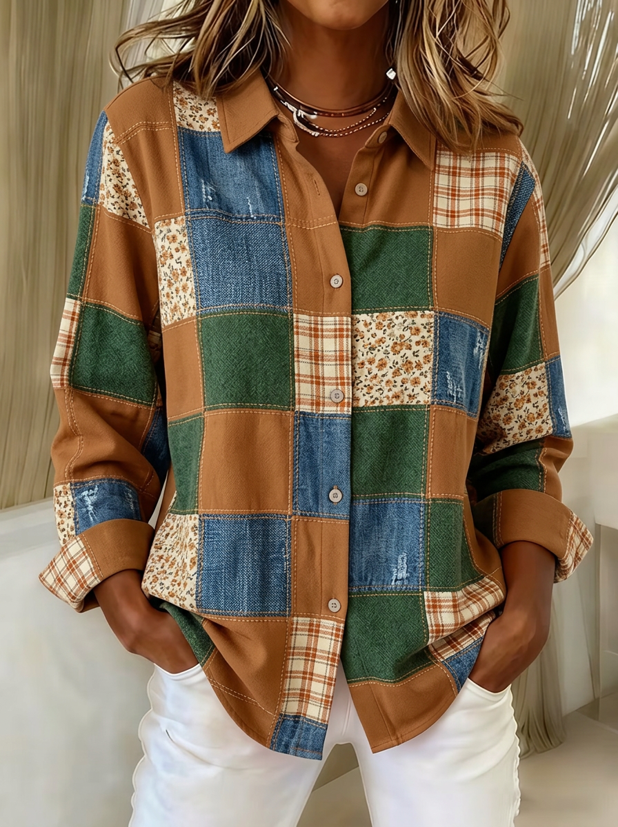 Women's Autumn Aesthetic Patchwork Floral Plaid Printed Shirt