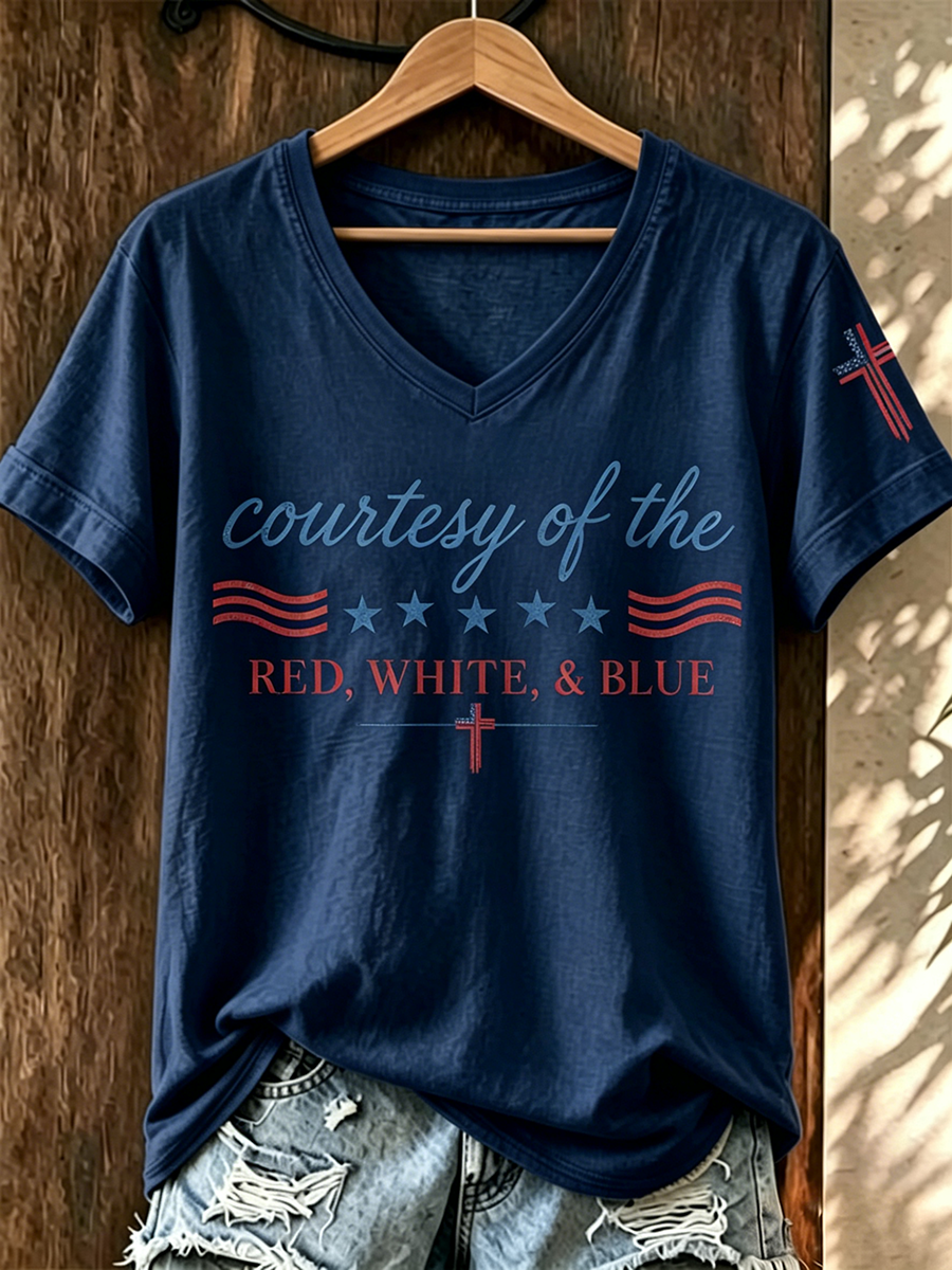 American Faith Cross Flag Commemorative Print V-Neck T-Shirt