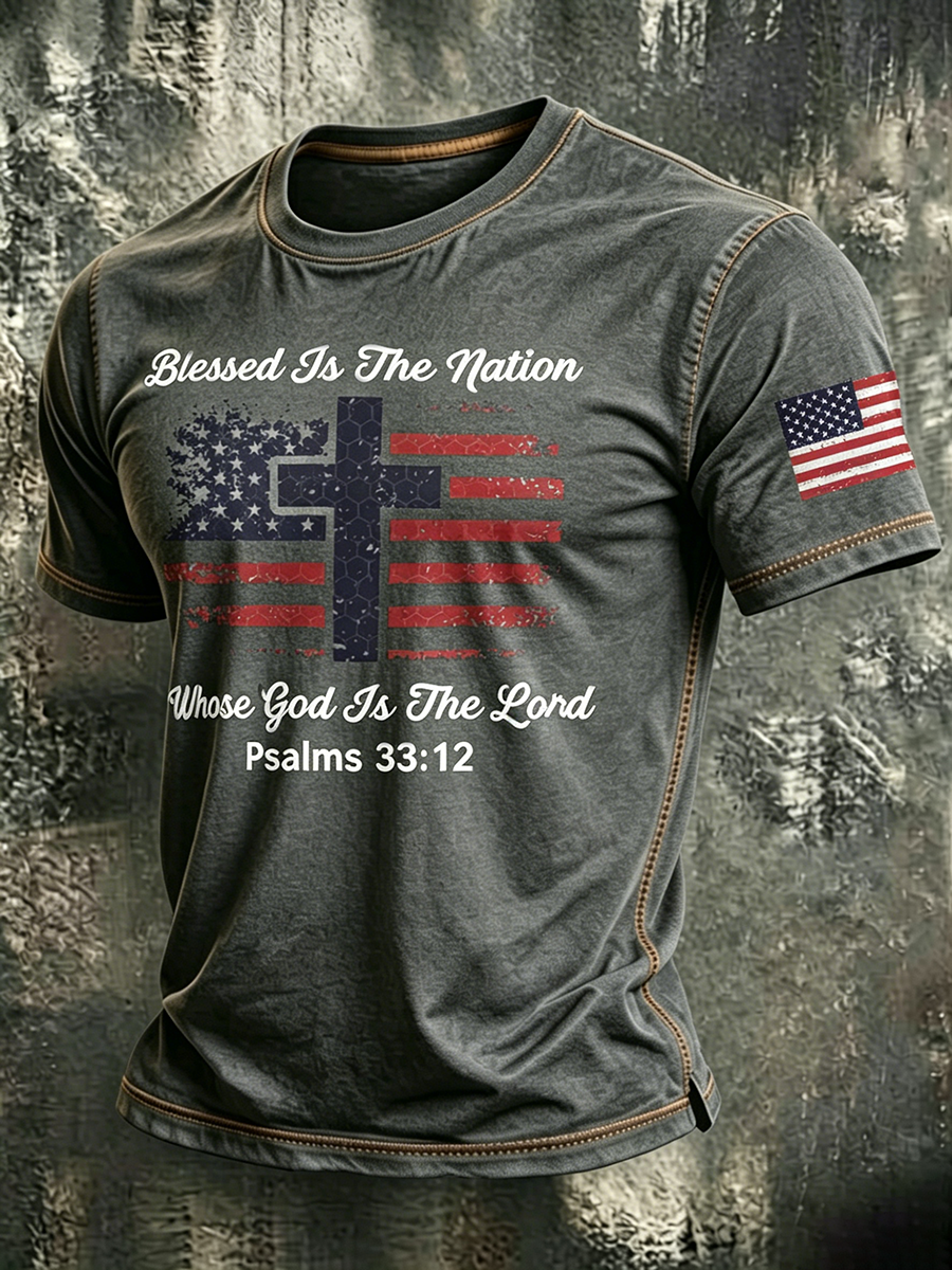 American Flag Faith Cross Slogan Commemorative Print Round Neck T-shirt