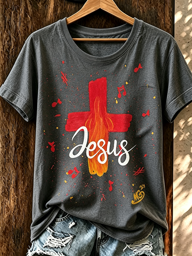 Female Jesus Cross Round Neck T-Shirt