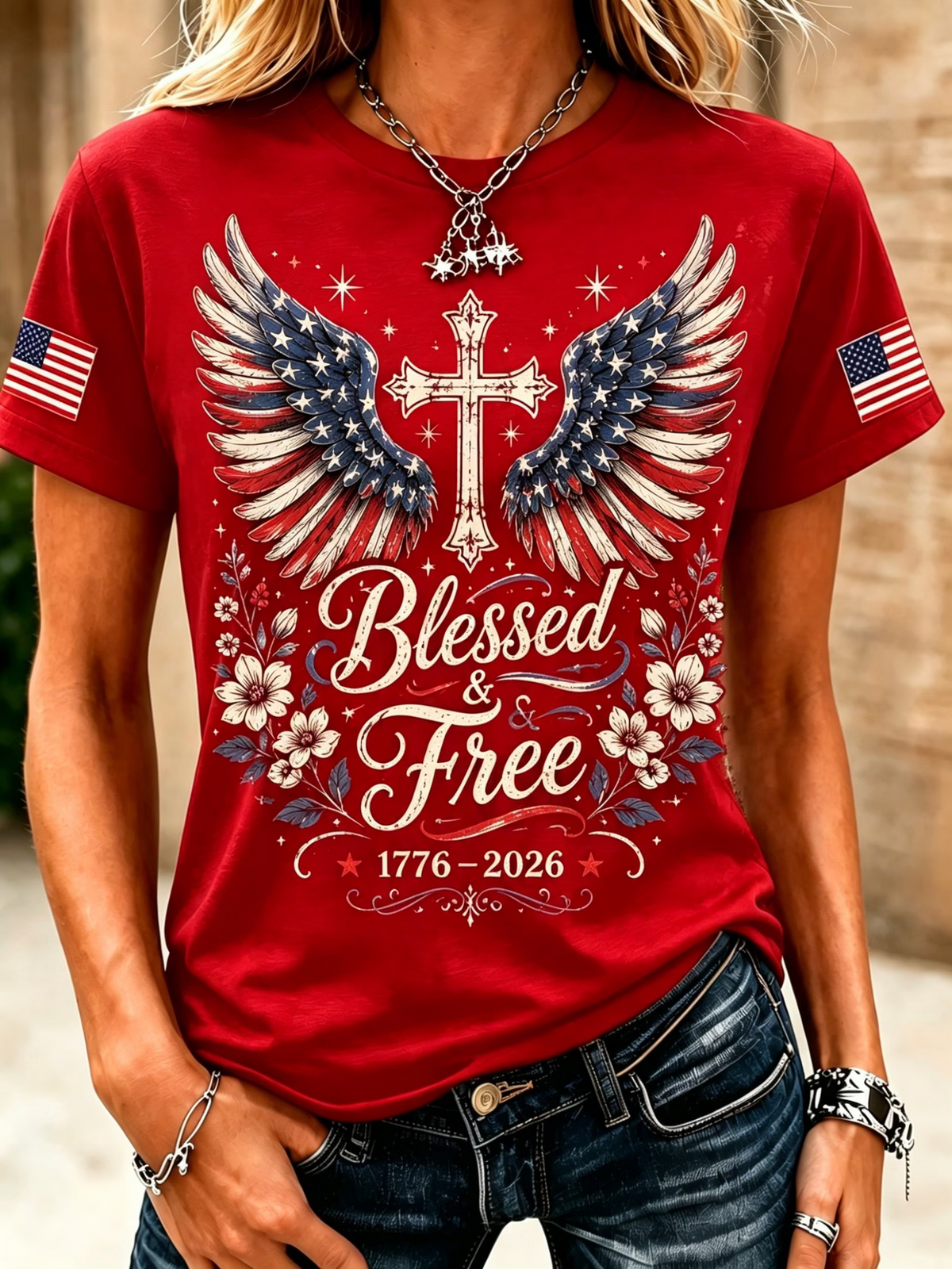 American Flag Faith Cross Commemorative Print Round Neck T-Shirt