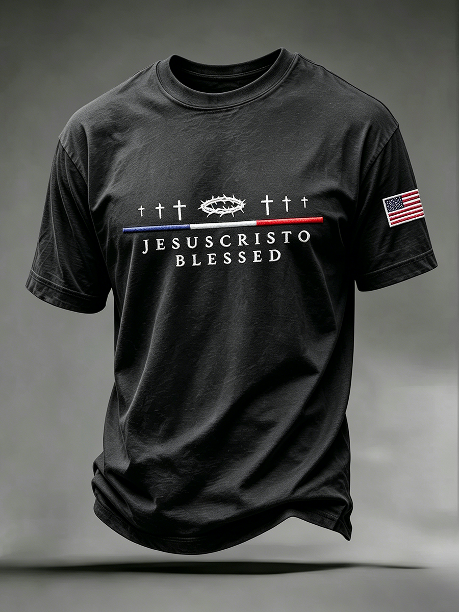 Faith Jesus Cross Embroidered Printed Casual Printed Round Neck T-Shirt