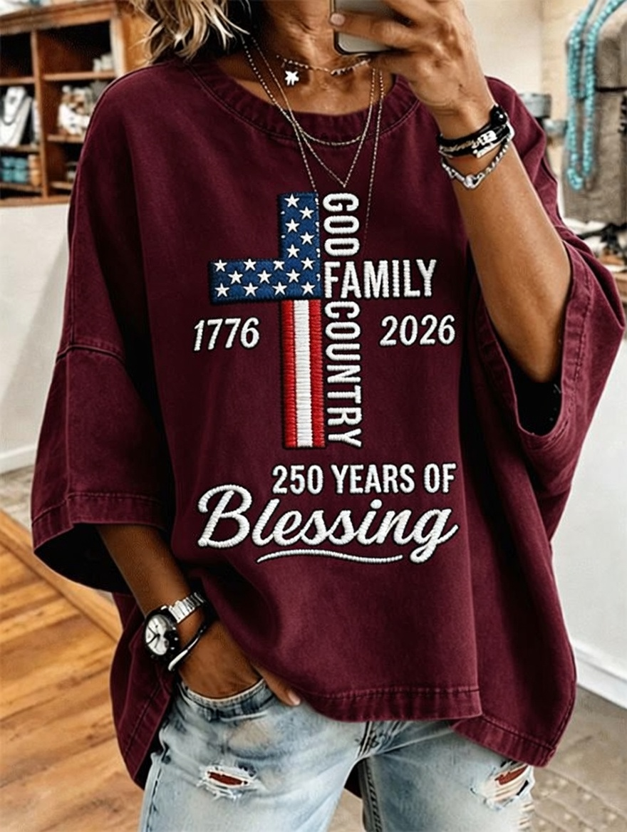 Women's God Family Country Flag Cross Embroidered Oversized Top