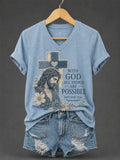 God, Anything Is Possible - Printed Casual V-Neck T-Shirt