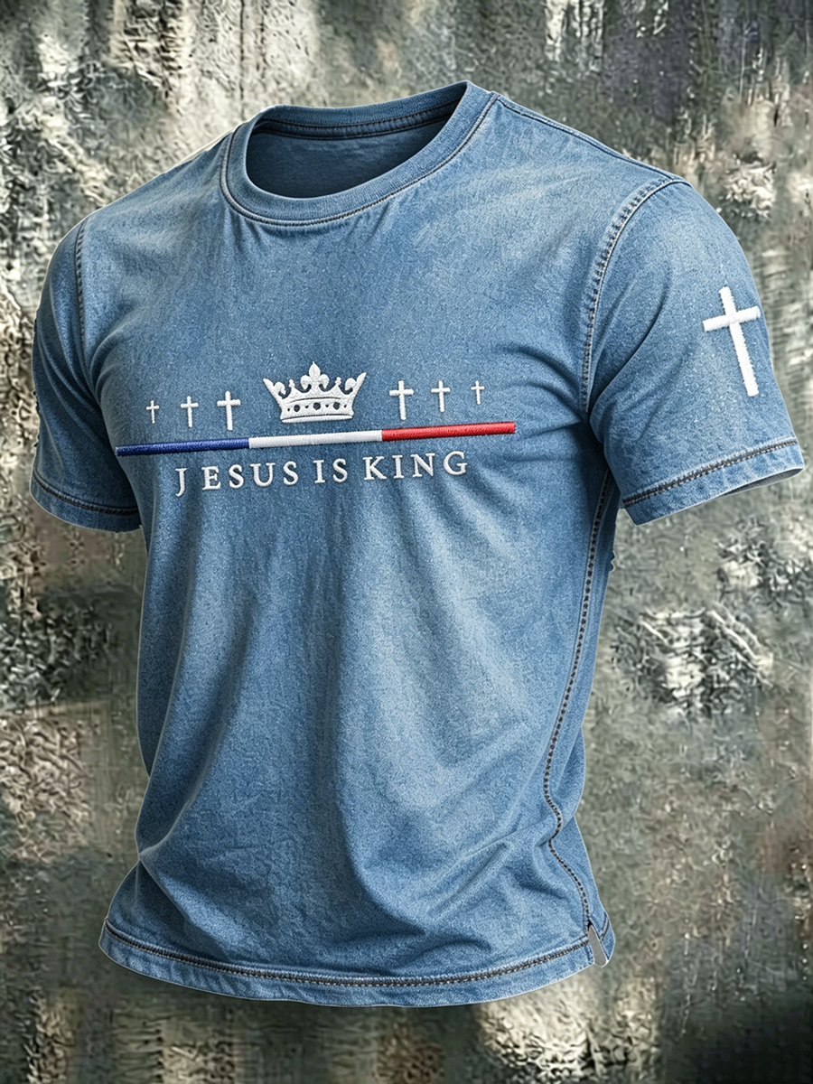 Faith Jesus Cross Embroidered Printed Casual Round Neck T-Shirt